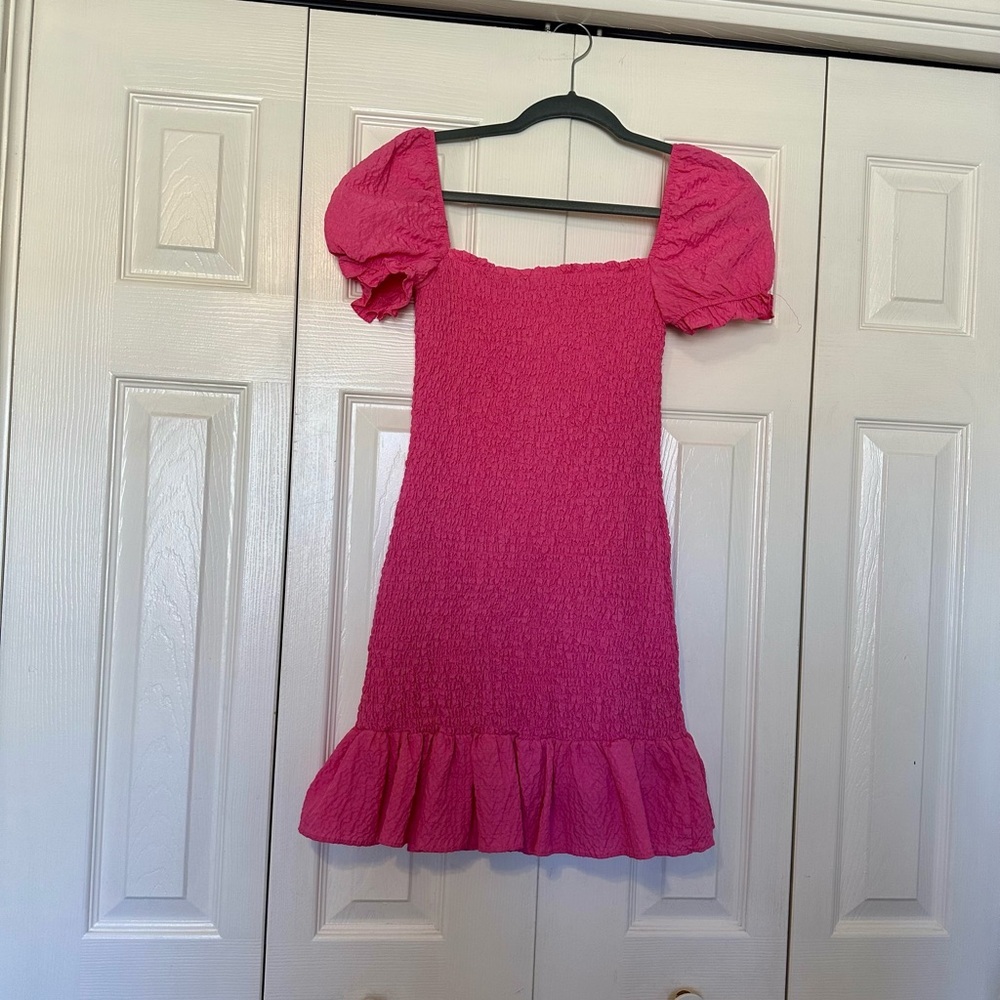 Zara Texture Weave Puff Sleeve Hot Pink Mini Dress Size XS - Picture 1 of 7